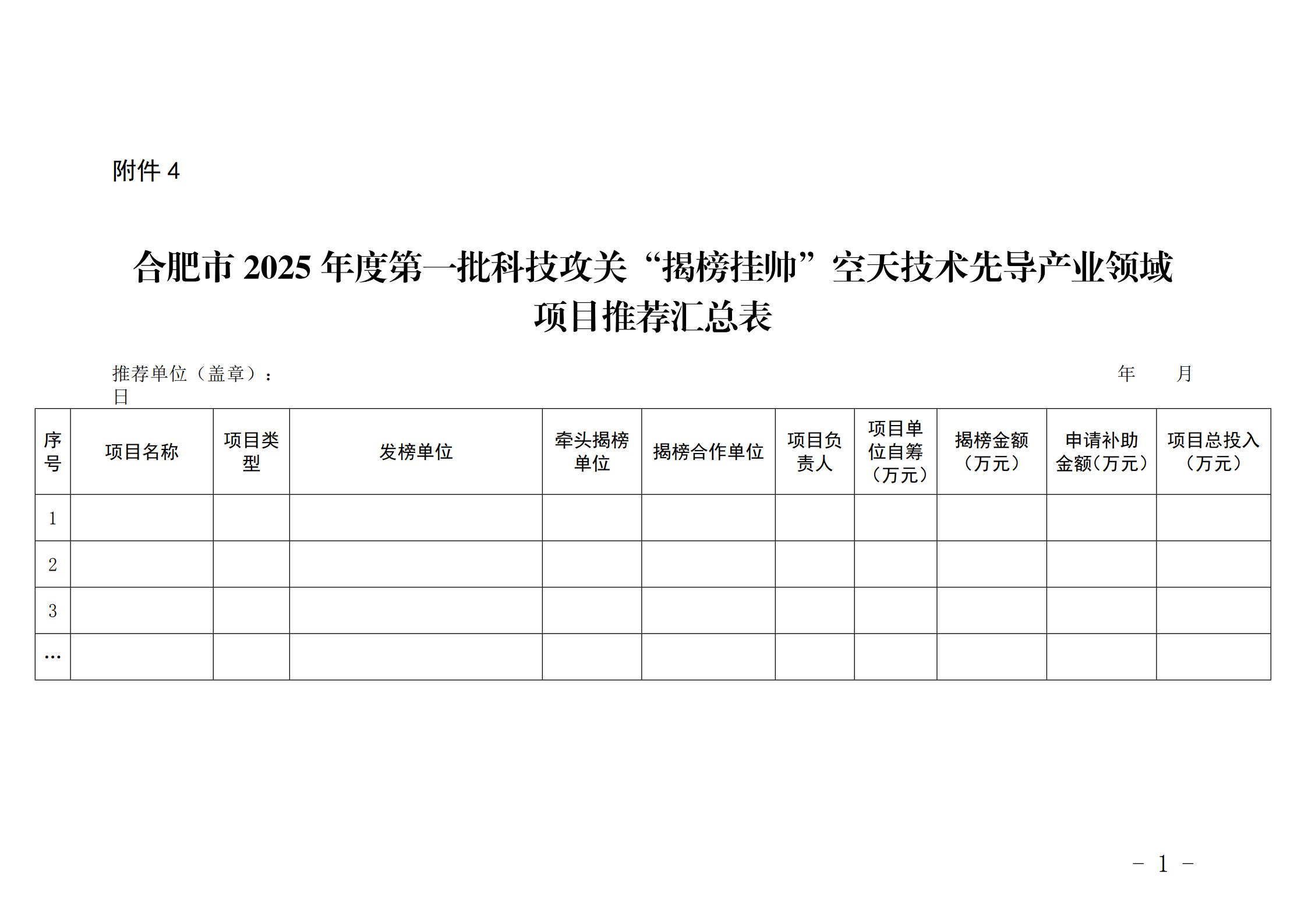 附件4-合肥市2025年度第一批科技攻关“揭榜挂帅”空天技术先导产业领域项目推荐汇总表_1